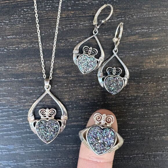 Claddagh Druzy Set: Necklace Ring & Earrings, Sea Green Drusy, JMH Ireland - Picture 1 of 17